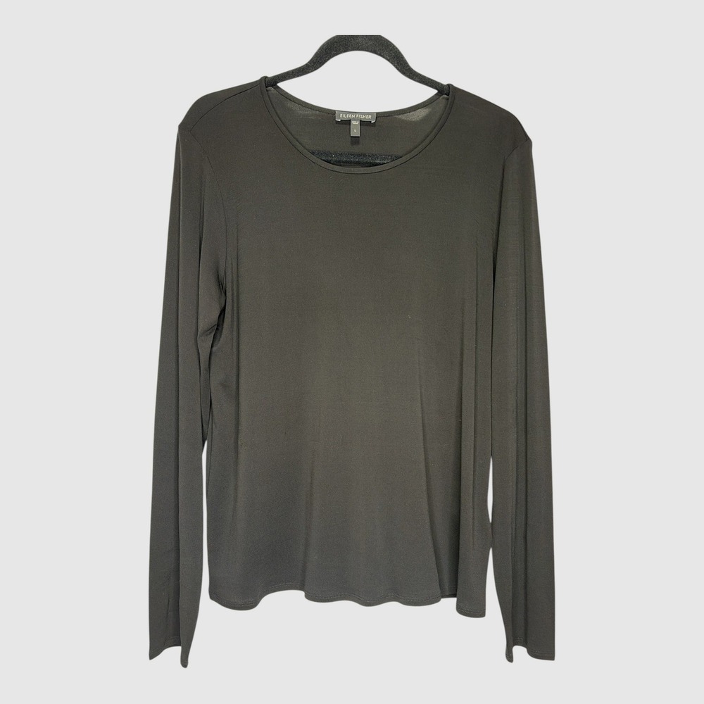 Eileen Fisher Womens Large Black 100% Silk Long Sleeve Crew Neck Top Jersey